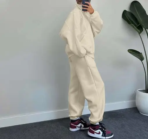 

2025 Solid Color Stand Up Collar Zipper Front Sports Sweatshirt Jacket and High Waisted Ankle Sports Pants Set for Autumn Women