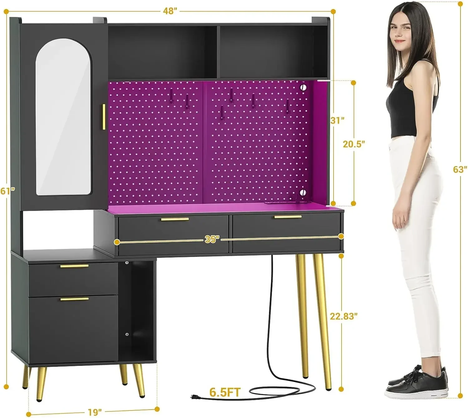 armocity โต๊ะเครื่องแป้งแต่งหน้า 48'' พร้อมฮัทช์ แท่นชาร์จและ LED โต๊ะเครื่องแป้งทรงสูงพร้อม Pegboard กระจก 5 ลิ้นชักขนาดใหญ่