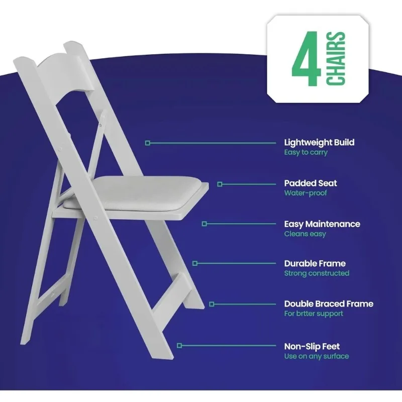 White Folding Chairs Stackable Padded Seat Resin Lightweight Indoor Outdoor Event Chairs 4 Pack