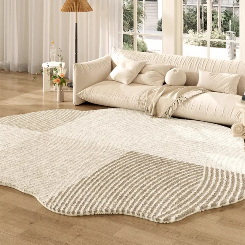 French Cream Style Carpets for Living Room Irregular Shape Bedroom Decor Line Carpet Fluffy Soft Plush Rug Thick Washable Mat