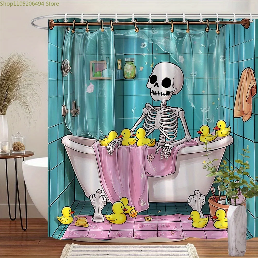 Funny Skeleton Bathtub Shower Curtain Machine Washable All Season Waterproof Privacy Protection Cartoon Design Humor Quick Setup