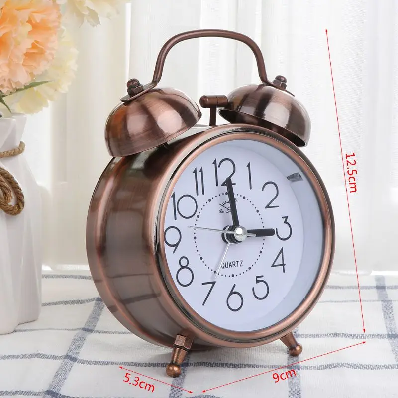 Reloj despertador mecánico escritorio Retro, luz doble campana, mesita noche, Metal silencioso