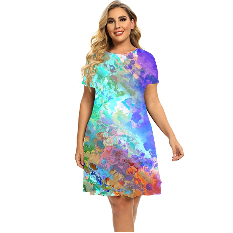 Women Rainbow Speckle Ink Dress Summer Short Sleeve Tie Dye Gradient Loose Dress Oversized O-Neck Ladies Plus Size Dress 5XL 6XL