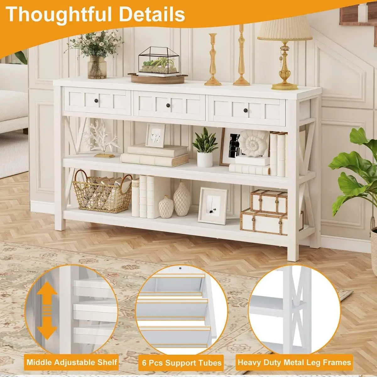 Mesa consola para entrada, mesa de sofá rústica de madera y metal con 3 cajones para sala de estar, mesas de pasillo de granja y