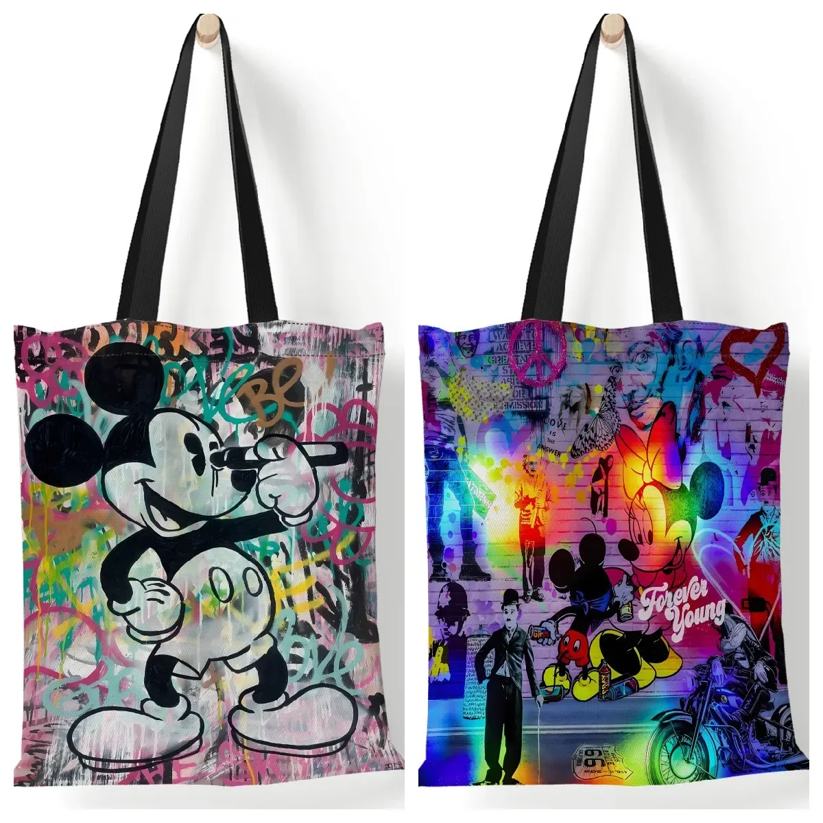 Disney Mickey Minnie Women\'s Shoulder Bag Fashion Cartoon Cute Printed Canvas Tote Bag Shopping Travel Large Capacity Storage