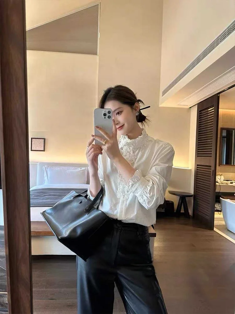 

Spring Commute Lace Trimmed Long Sve Women's irt Versatile Heavy Work 3D Floral Cotton Straight Cut French Sle Top