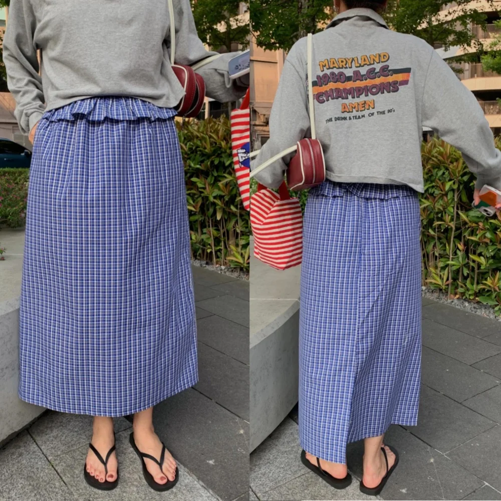Retro Elegant Plaid Elastic Waist Skirt with Slit High Waist Midi Skirt for Women Commute Style Polka Dot Pattern