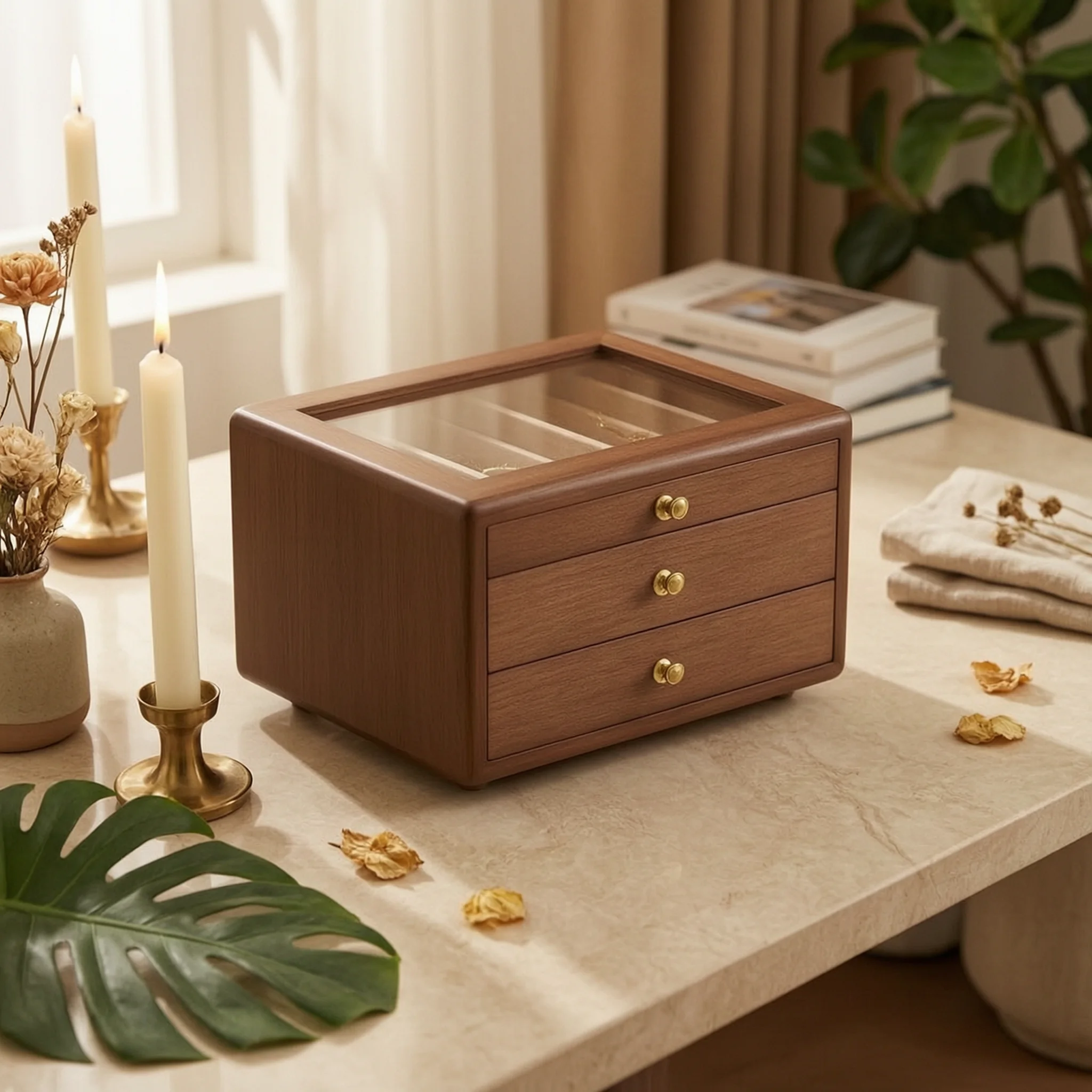 Jewelry Storage Box Transparent Jewelry Box with Glass Lid Accessory Keeper Rectangular Compact for Women, Dresser, Vanity