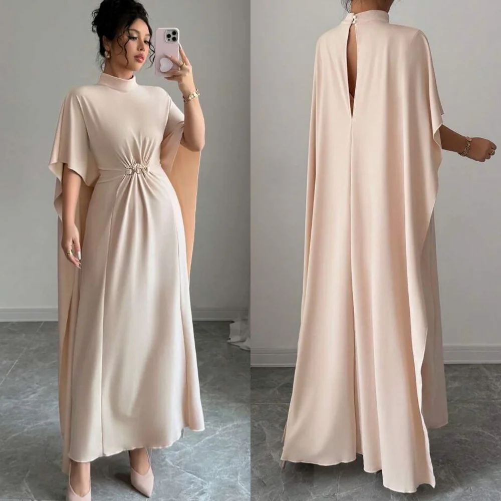 Customized Modern Style Jersey Sequined Pleat A-line High Collar Midi Dresses Bespoke Occasion Elegant