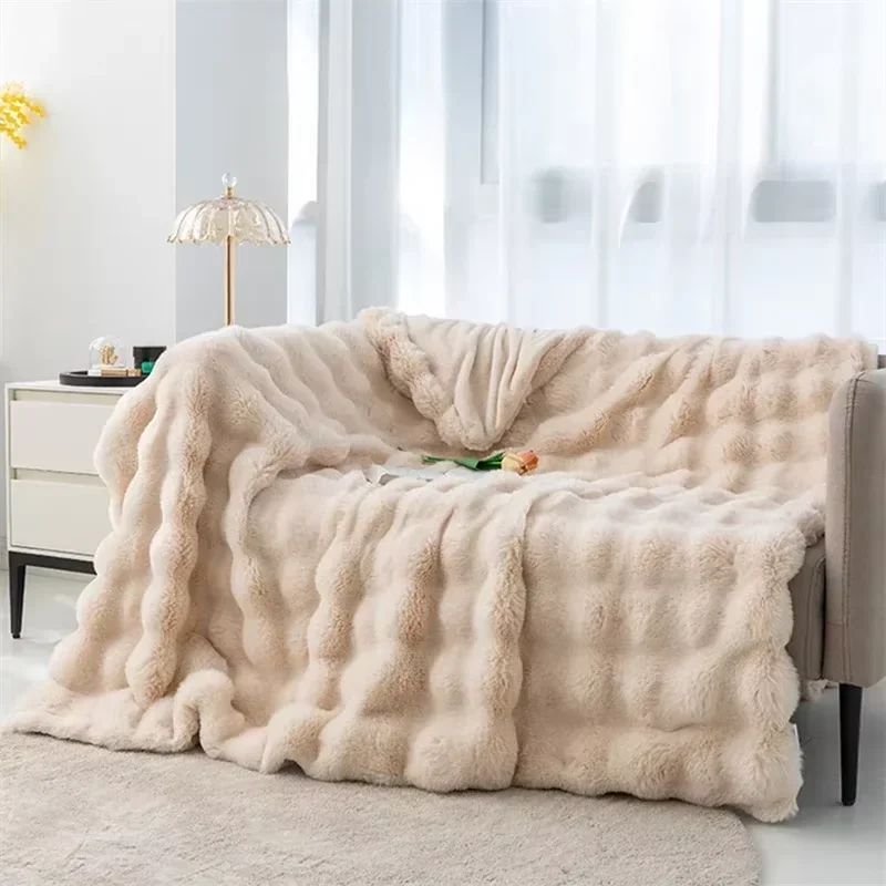 Soft and Cozy Toscana Rabbit Fur Blanket With Double-sided Bubble Fleece - Perfect for Office and Sofa Cover Warm Winter Bed