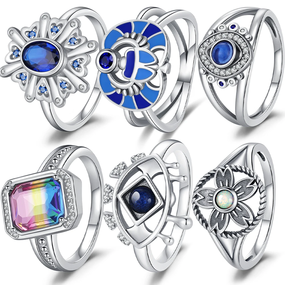 

Кольцо из стерлингового серебра 925 пробы с синим цветком и радугой, модное простое украшение для женщин, для повседневной носки, романтический подарок