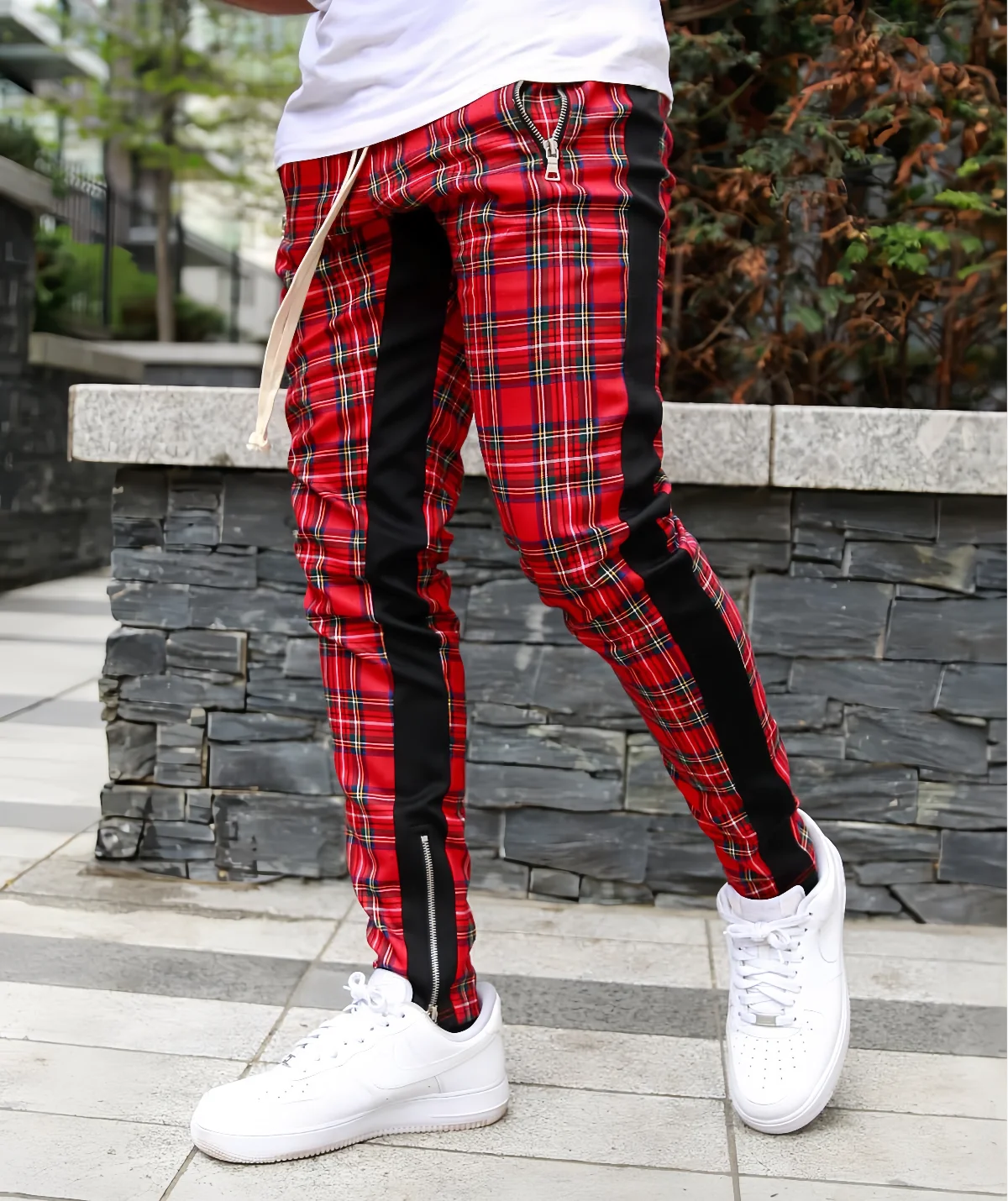 Men's casual pants high-grade digital print plaid color matching sports pants, men's pant leg zipper fitness pencil pants