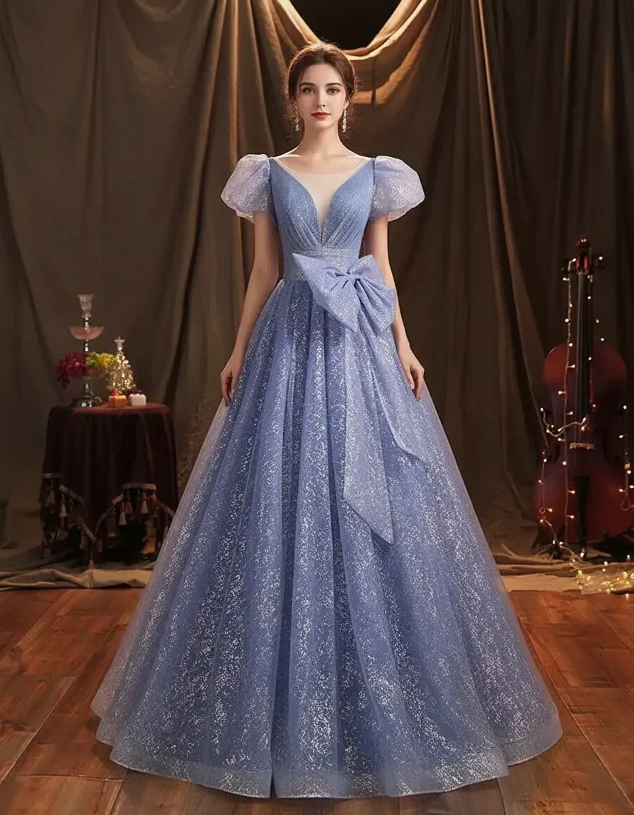 Sky Blue Puff Sleeve Big Bow Glitter Tulle Ball Gown Back Lace Up Quinceanera Wedding Evening Prom Formal Dress Free Petticoat