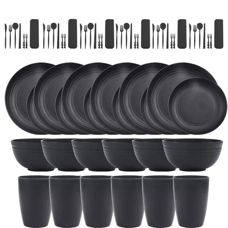 16/20/24 pc/set of black wheat straw PP tableware,including household plates,soup bowls,cupsand plates, reusable tableware