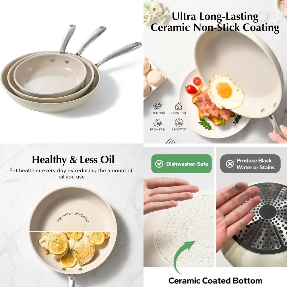 

Ceramic Nonstick Frying Pan Set, Cookware with Non Toxic Pans, 8, 9.5, 11 Inch Skillets, PFAS and PTFE Free, Safe for Cooking