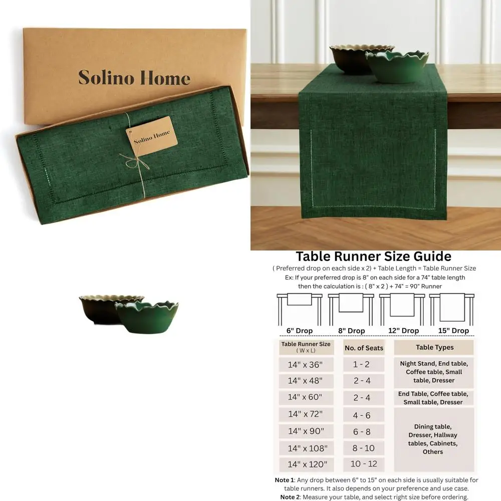 

Forest Green 100% Linen Table Runner, 14x108 Inches, Milan Hemstitch, Handcrafted, Machine Washable for Holiday Dining