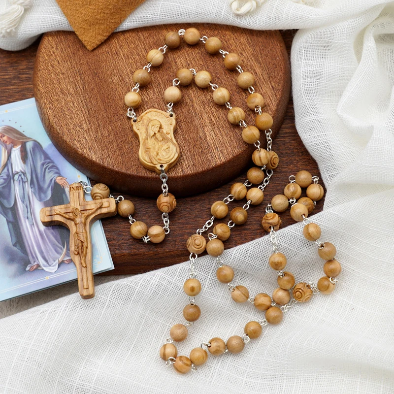 

7mm 8mm Olive Wood Ave Maria Rosary Beads by Sisters Catholic Cross Necklace Religious Jewelry with Wooden Crucifix Pendant