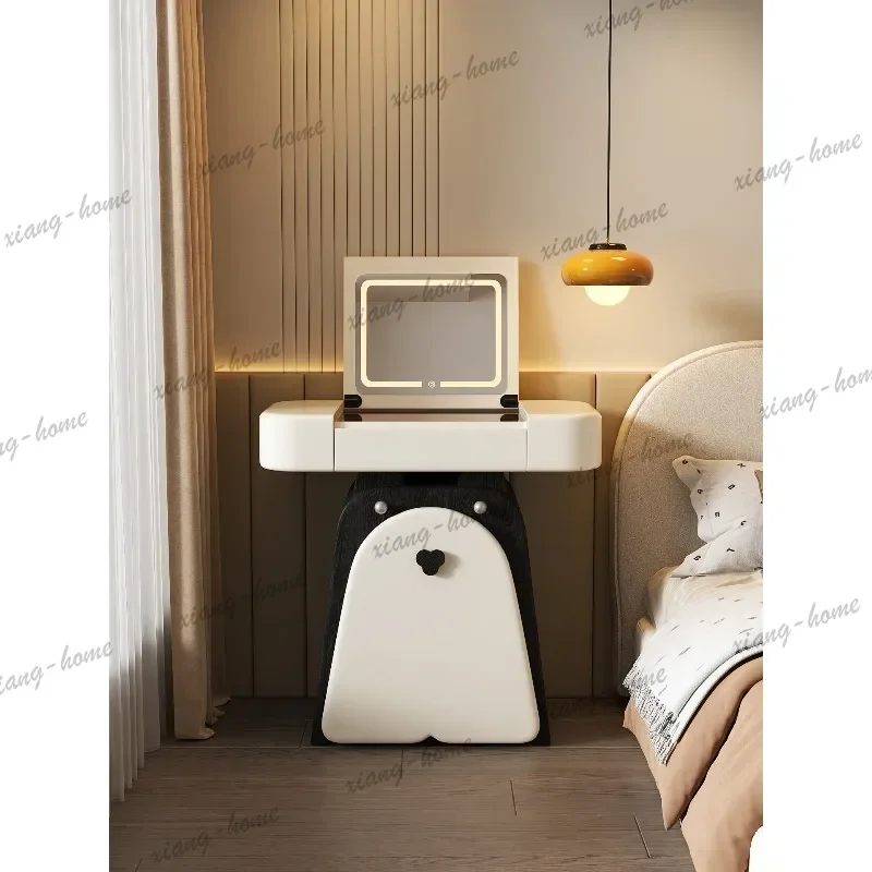 Modern clamshell dresser table and chairs integrated hidden mirror storage makeup table