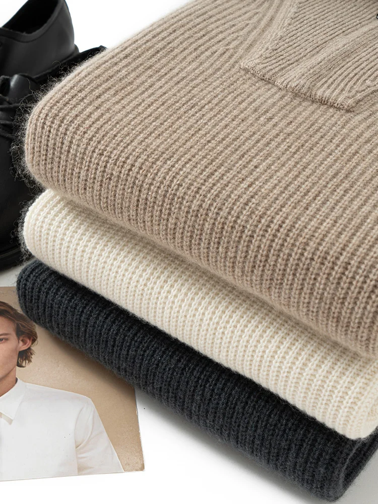 High Quality Men 100% Cashmere Sweater Turn Down Collar Zippers Pullover Autumn Winter Thick Soft Warm Cashmere Knitwear Tops