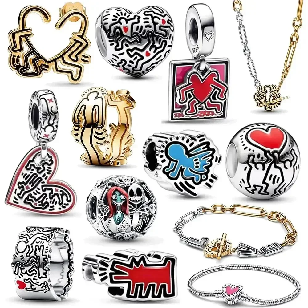 100% 925 Sterling Silver Beads Love Figures Radiant Angel Line Art People Walking Heart Charms fit Original Bracelets