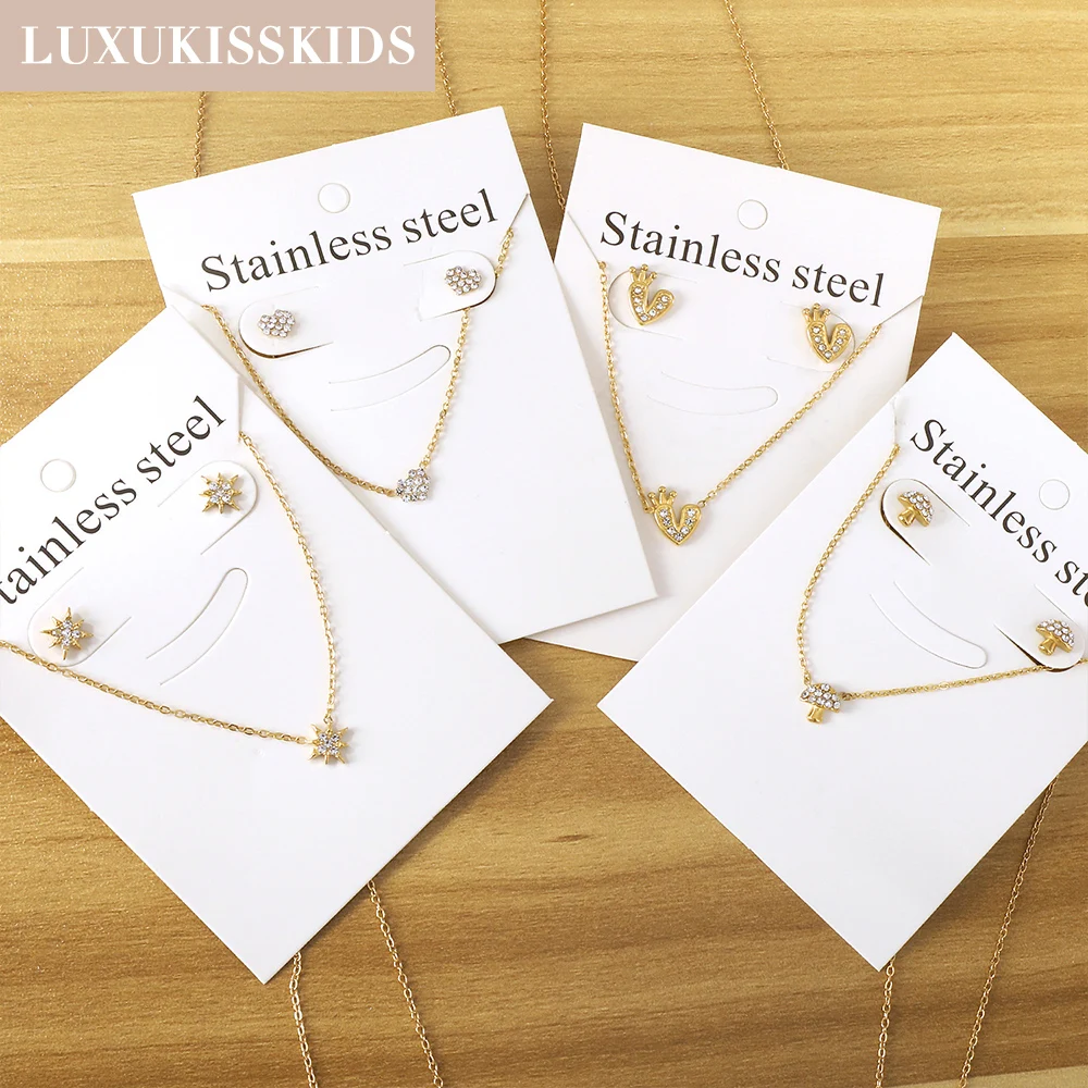 LUXUKISSKIDS Stainless Steel Fairy Heart CZ Jewelry Sets Shiny Rhinestone Tiny Pendant Necklace with Small Earrings Woman/Girls