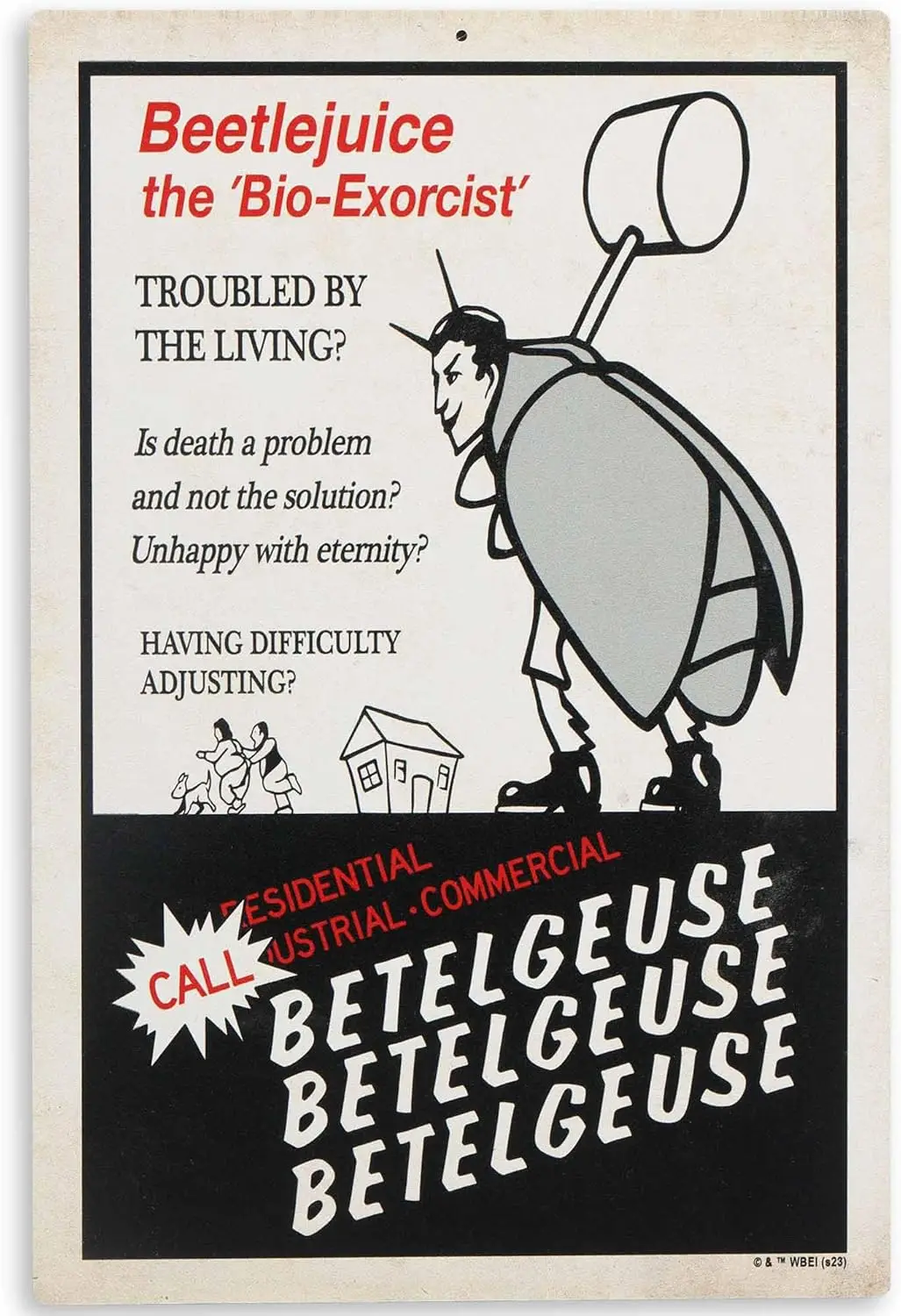 Beetlejuice The Bio-Exorcist Ad Hanging Metal Sign - Funny Beetlejuice Sign for Movie Room or Halloween Decor