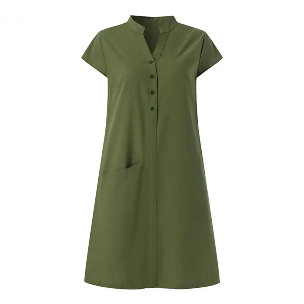 

Casual Commuting Button-up Dress Stylish Women's V Neck Summer Dress with Stand Collar Short Sleeves Loose Fit Pure for Commute