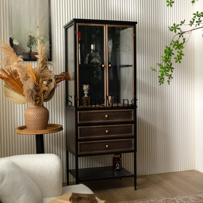 ZYY خزانة زجاجية فاخرة خفيفة على طراز وابي سابي لغرفة المعيشة خزانة عرض حرفية على الطراز الصناعي خزانة تخزين متعددة الأدراج #5
