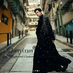 Stunning Crystals Beaded Men Suit 2 Pieces Sets Long Coat Male Prom Blazers Customized Wedding Groom Tuxedos Slim Costume Homme