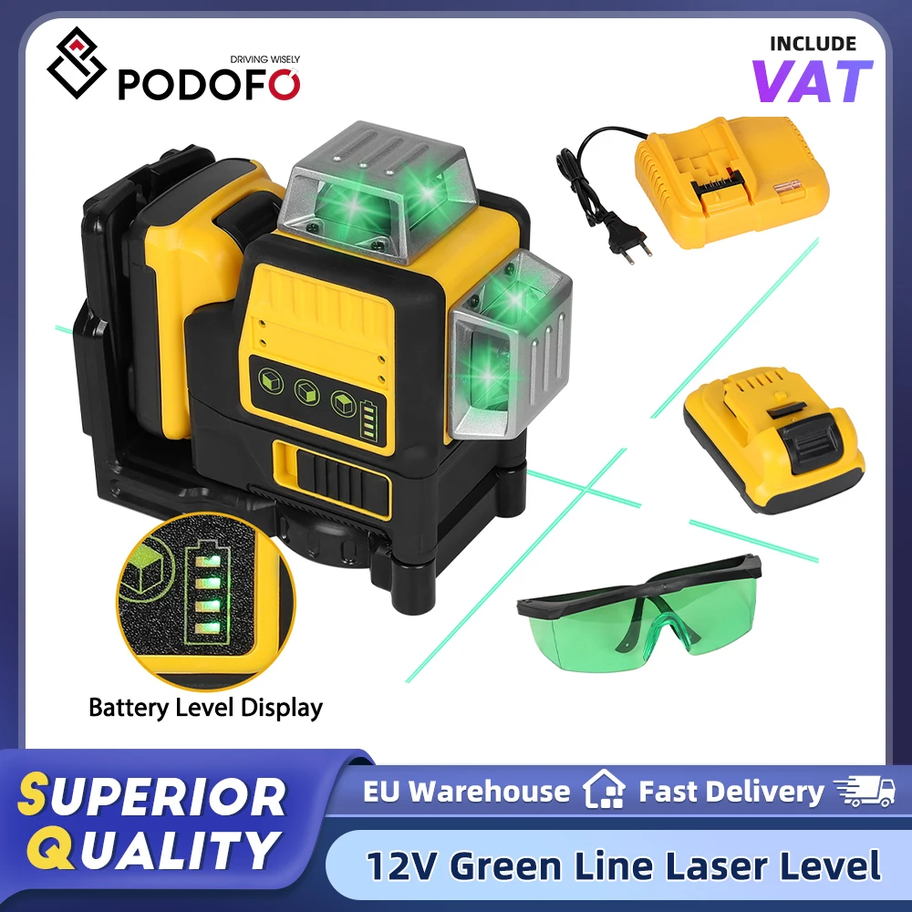 Podofo Professional 12 Lines Green Line Laser Level 12V Working Voltage Horizontal Vertical Laser Alignment Tool For Indoor Outdoor Construction Work Included Battery And Charger