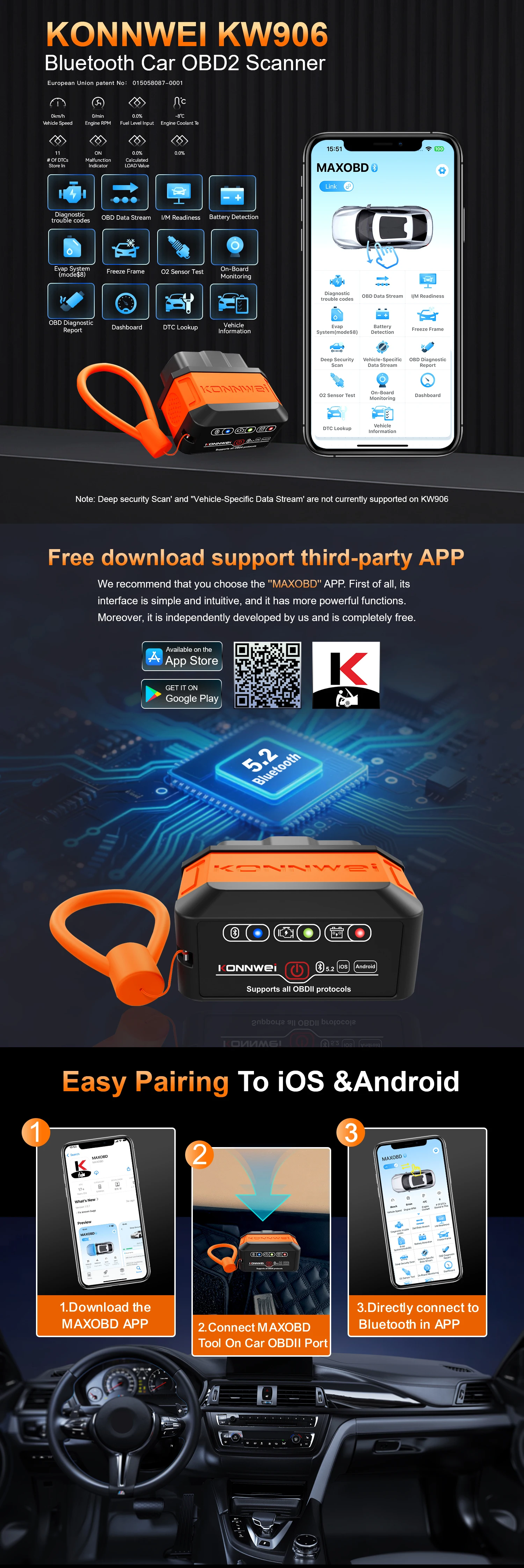 2026 KONNWEI KW906 ELM 327 Bluetooth 5.0 OBD2 Auto-Motorsystem-Diagnosegerät Scanner für Android/iOS Codeleser Pic18F25K80 – Detail 1
