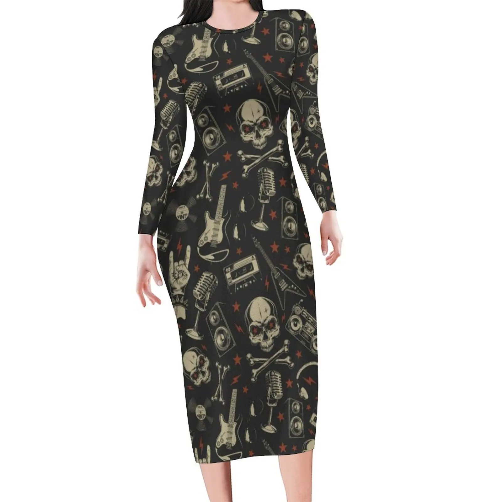 Metal Music Skull Bodycon Dress Autumn Rock Grunge Punk Elegant Dresses Women Long Sleeve Custom Street Fashion Dress Big Size