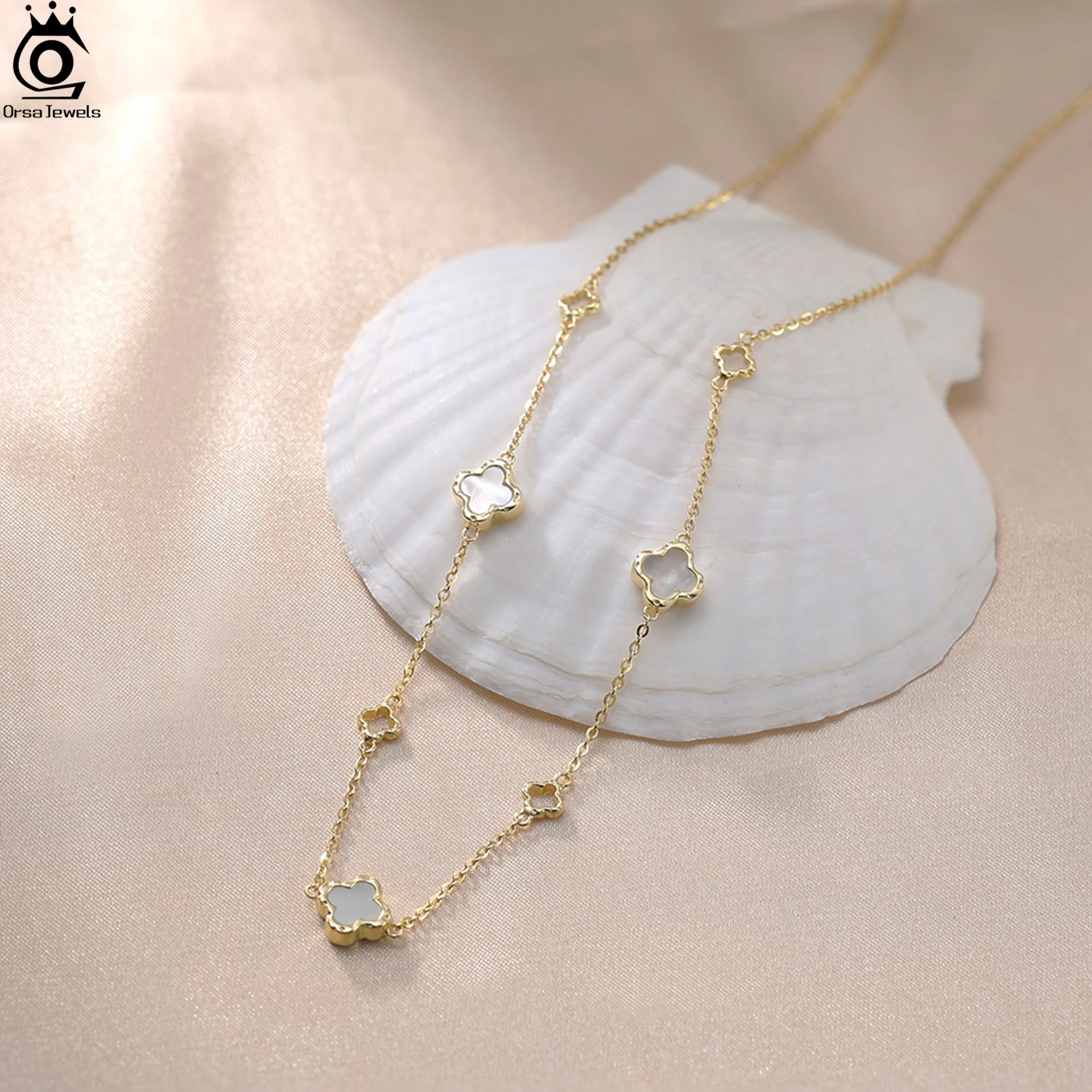 

ORSA JEWELS 925 Sterling Silver Choker Necklace With Four Leaf Clover Shell Ornament Summer Style Jewelry Gift for Wearing GMN61