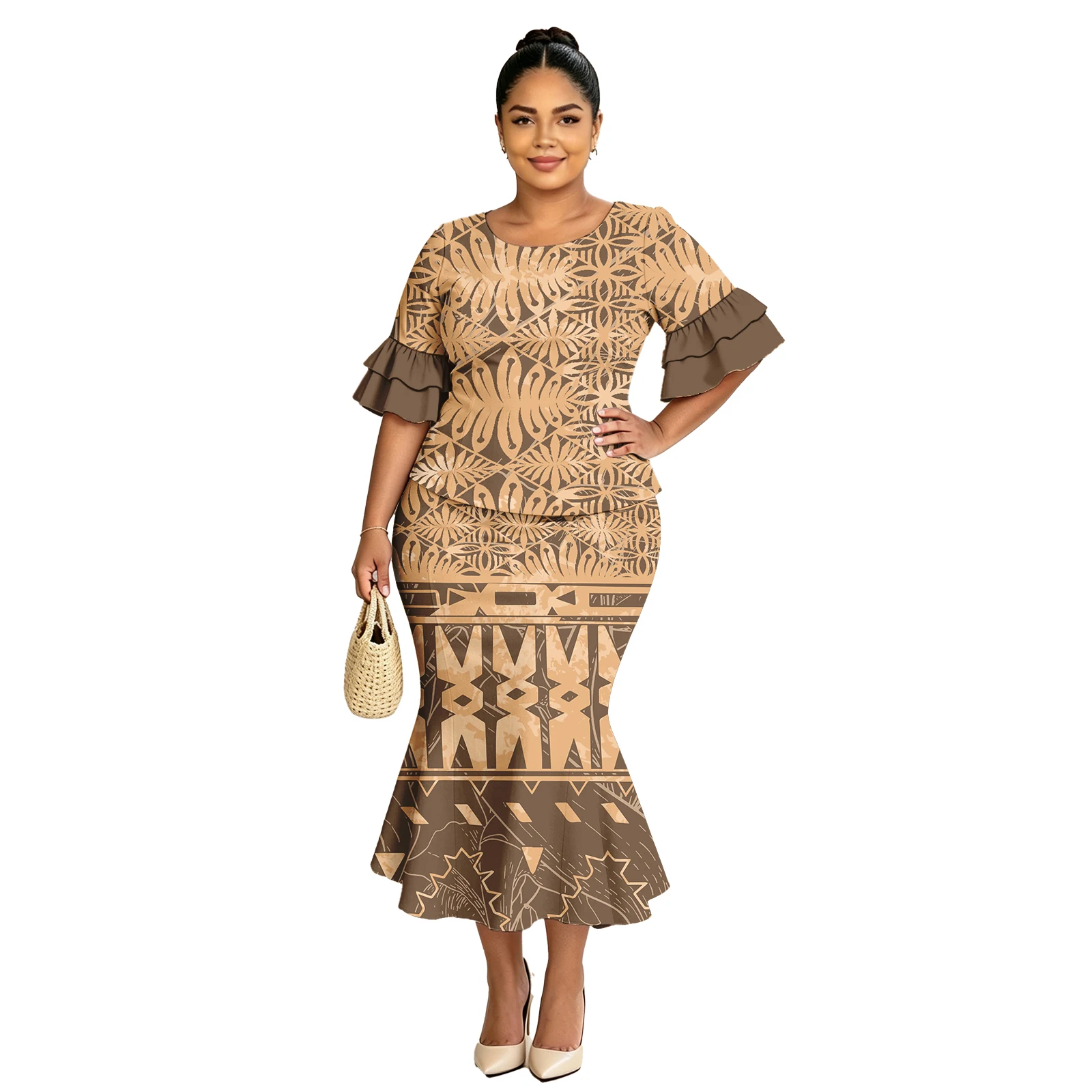 Polynesian Classic Island Plus Size Fishtail Skirts Puletasi Dress 2 Piece Set Petal Sleeve Tribal Design Women Samoan Puletasi