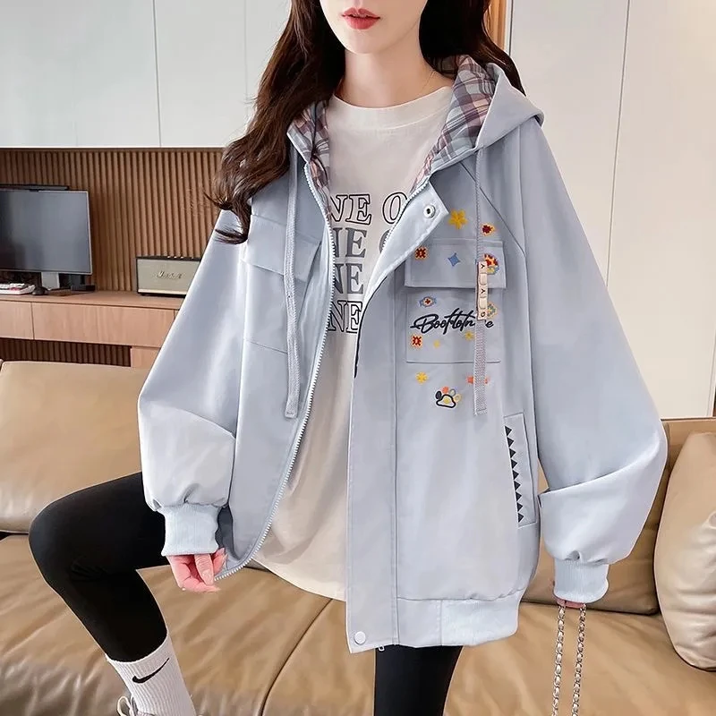 2026 New Spring and Autumn Jacket Fashion Embroidered Hooded Student Coat Loose Jacket Cartoon Girls College Top Windbreaker