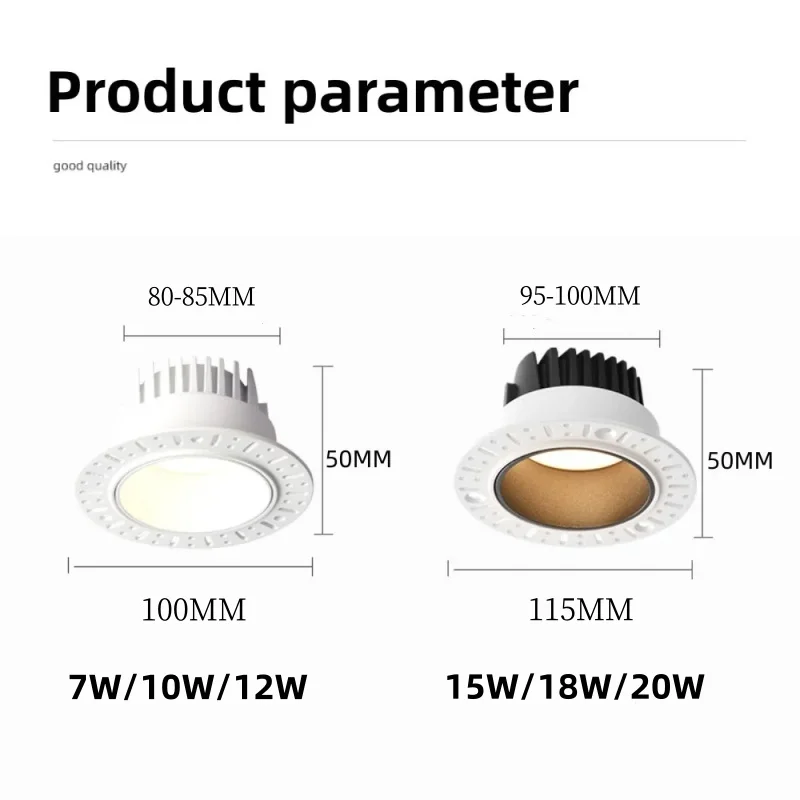 Dimmable LED Downlight Recessed Anti Glare Embedded 7W10W12W15W18W20W COB Spot Lights Aluminum No Border Lamp Indoor Lighting