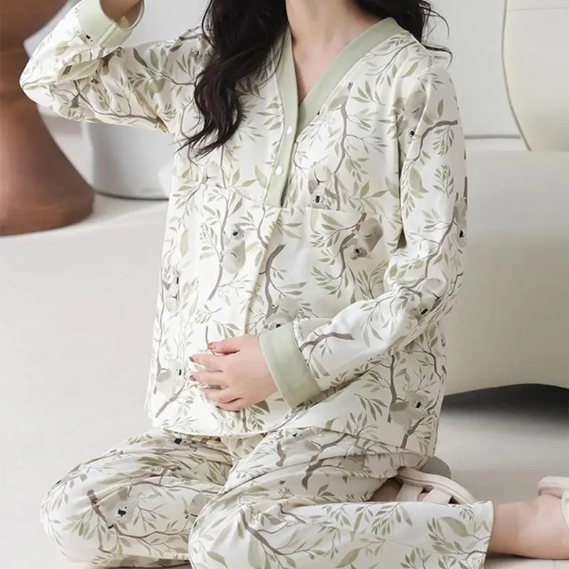 ملابس نوم قطنية للحوامل مع حمالة صدر مدمجة للراحة أثناء الرضاعة بعد الولادة في الخريف والشتاء هدية A2UB #2