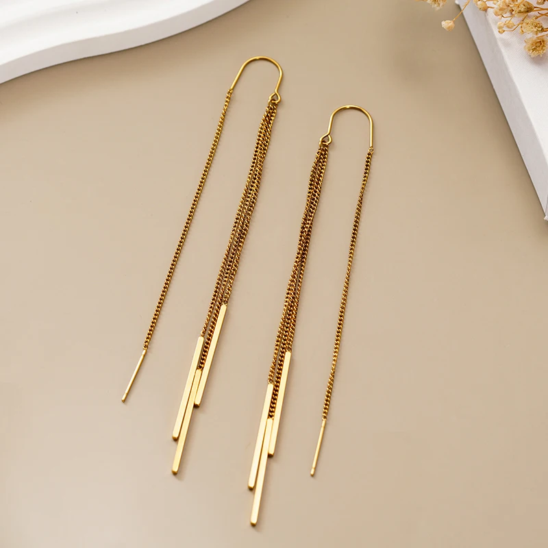 Huitan Modern Long Tassel 304 Stainless Steel Drop Earrings for Women Exquisite Party Ear Accessories Glossy Stylish Jewelry Hot