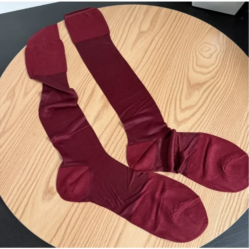 Men Business Dress Long Socks High Quality Elastic Soft Breathable Casual Solid Color Spanish Red Stockings Man Knee High Socks