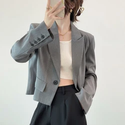 Korean Cropped Blazers Women Autumn Chic Solid Color Single-Button Outwear Woman Elegant Long Sleeve Office Ladies Suit Jacket