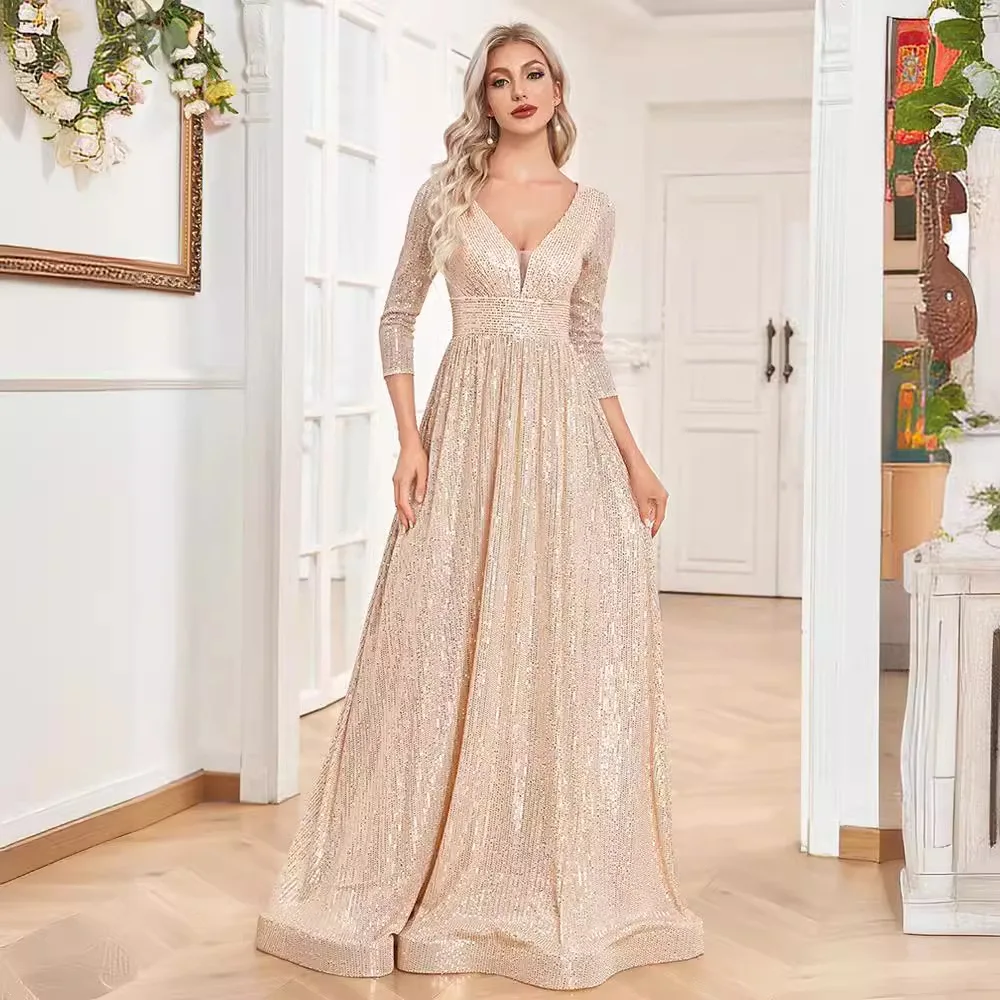

Champagne Gold All Over Sequin A Line Maxi Dress Deep V 3/4 Sleeve Smocked Elastic Waist Flowy Floor Wedding Guest Evening Gown