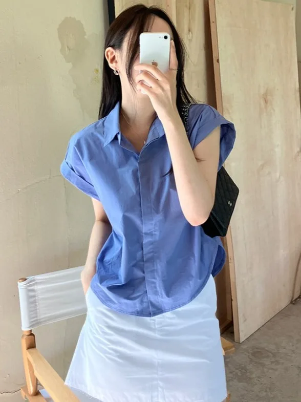 

Summer Casual Sle Women's ort Sve irt Pure Color Turn-down Collar Double Button Cuff Casual Faion Top Ladies' Blouse