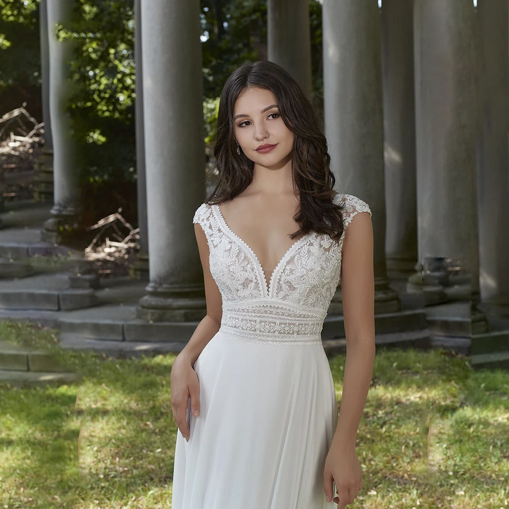 ZIBUYU Aangepaste elegante romantische trouwjurk V-hals Kapmouw Kant Mouwloos Appliqué A-lijn Sweep Trein 2025, Bruidsjurk