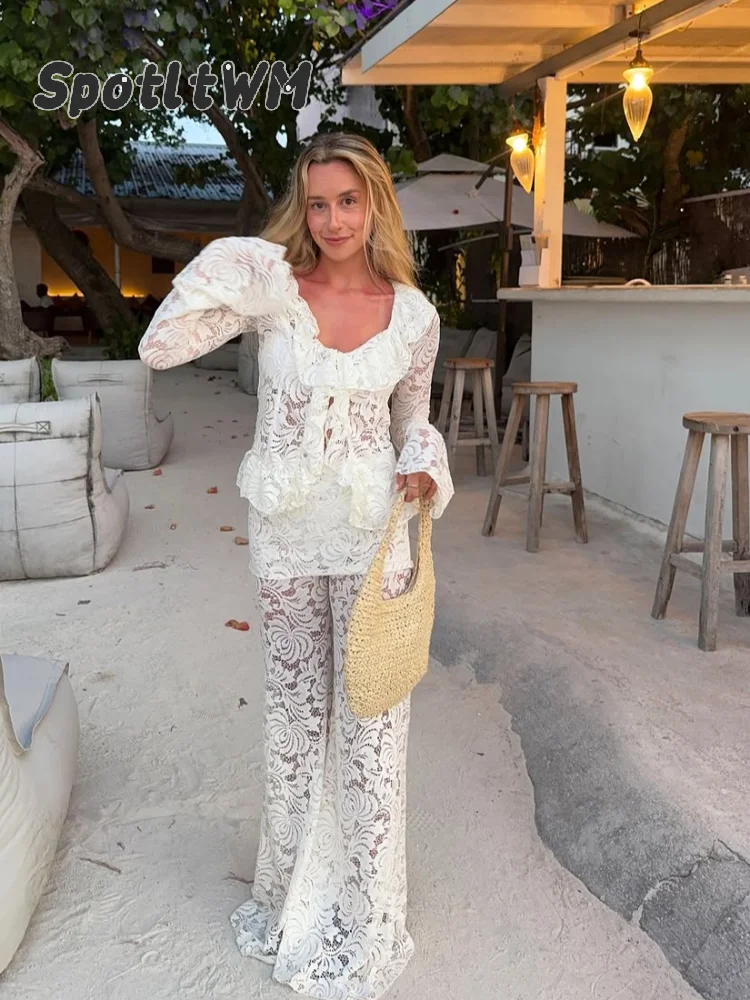 

Casual Lace Perspective Flare Sleeve Blouse Pants Set New Fashion O Neck Ruffles Top High Waist Pant With Skirt 2025 Lady Outfit