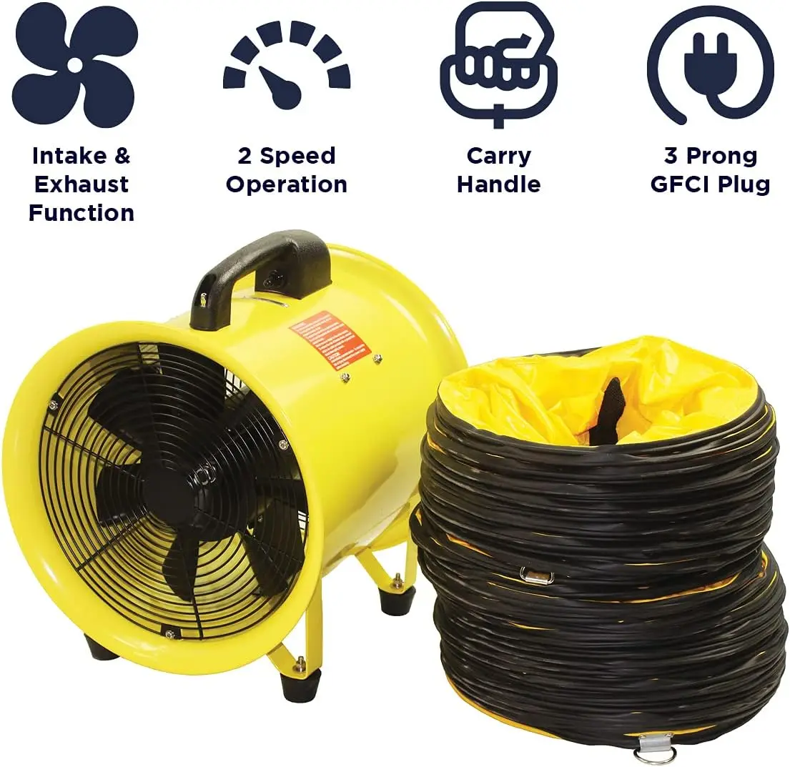 Air HVHF 12COMBO Heavy Duty Portable Exhaust Fan - 2000 CFM, 12 Inch, 2 Speed Extractor Fan with 20 ft Hose - Ideal Exhaust Fan