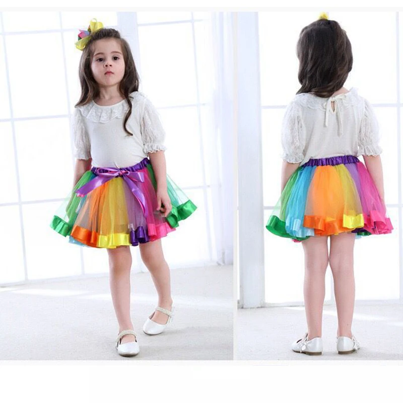 Summer Fashion Girls Rainbow Skirt Mesh Colorful Ballet Short Skirt Dance Performance Puffy Skirt Kids Birthday Party Skirt