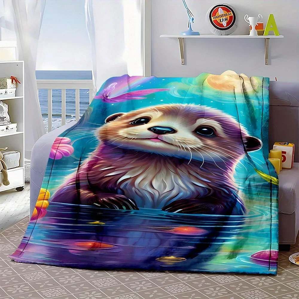 Aesthetic Cute Otter Underwater Dreamy Ocean Print Fleece Throw Blanket Cozy Couch Decor Gift for Girls Beach Animals Watercolor