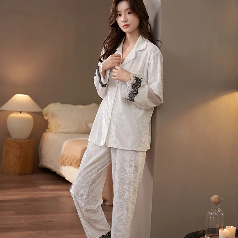 White Sleepwear Gold Velour Pajamas Couple Wedding Set Pyjamas Suit Pijama Women Men Loungewear