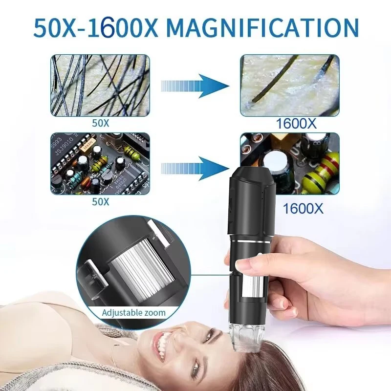 WiFi USB กล้องจุลทรรศน์ดิจิตอลแบบใช้มือถือ 50-1600x ไร้สายการขยายกล้อง Endoscope พร้อมขาตั้งโลหะสําหรับ iPad Android PC