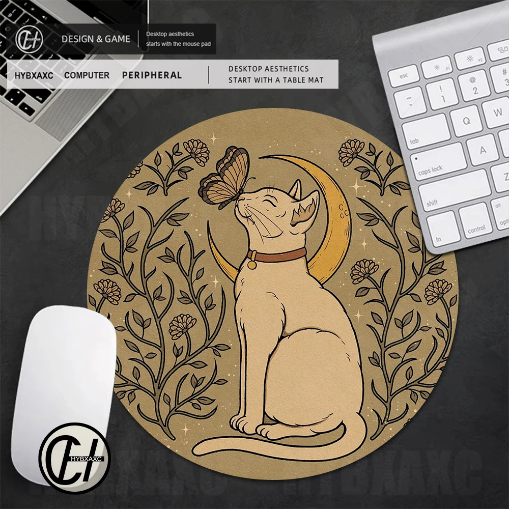 20x20 Black Moon Office White Cat Mouse Pad Sun Moon Round Mousepad Computer Desk Pad Non-Slip Gaming Mat Office Accessories